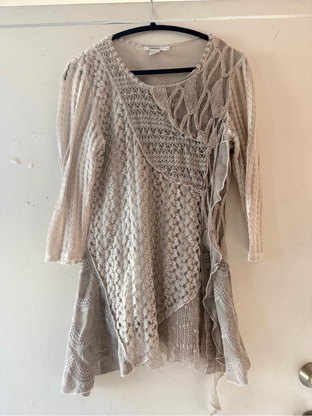 Boho Crochet Mixed-Knit Tunic Top in Beige